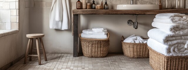 Rustic and Elegant Bathroom in Neutral Tones with Vintage Tiles