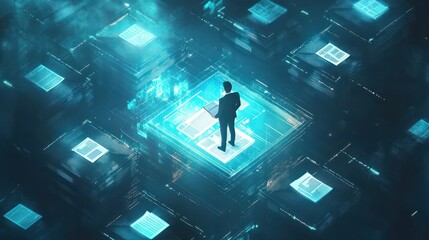 An isometric concept of a digital database is portrayed with a businessman managing documents, highlighting the organization of knowledge in the digital era