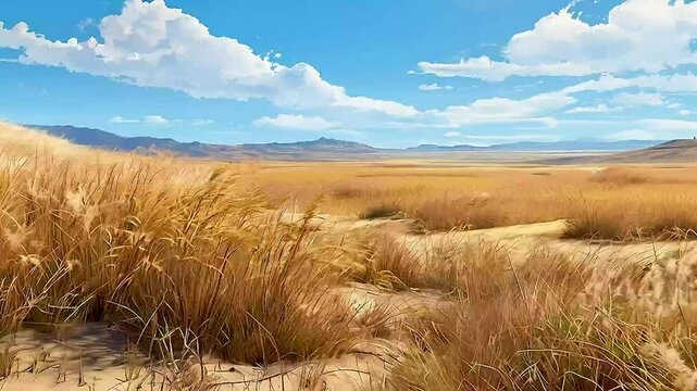 a desert with grass and mountains in the background