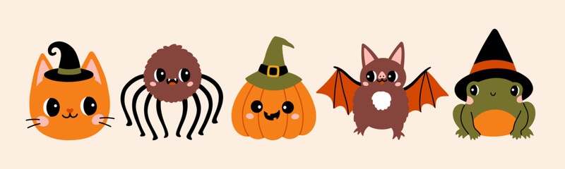 Cute Halloween character set design. Halloween character cat in witch hat, spider, pumpkin, bat and frog.