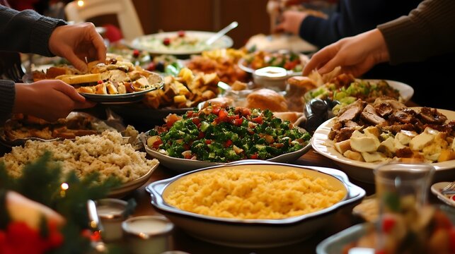 A joyful and festive Christmas potluck dinner gathering with a beautifully decorated table showcasing an array of delicious homemade dishes