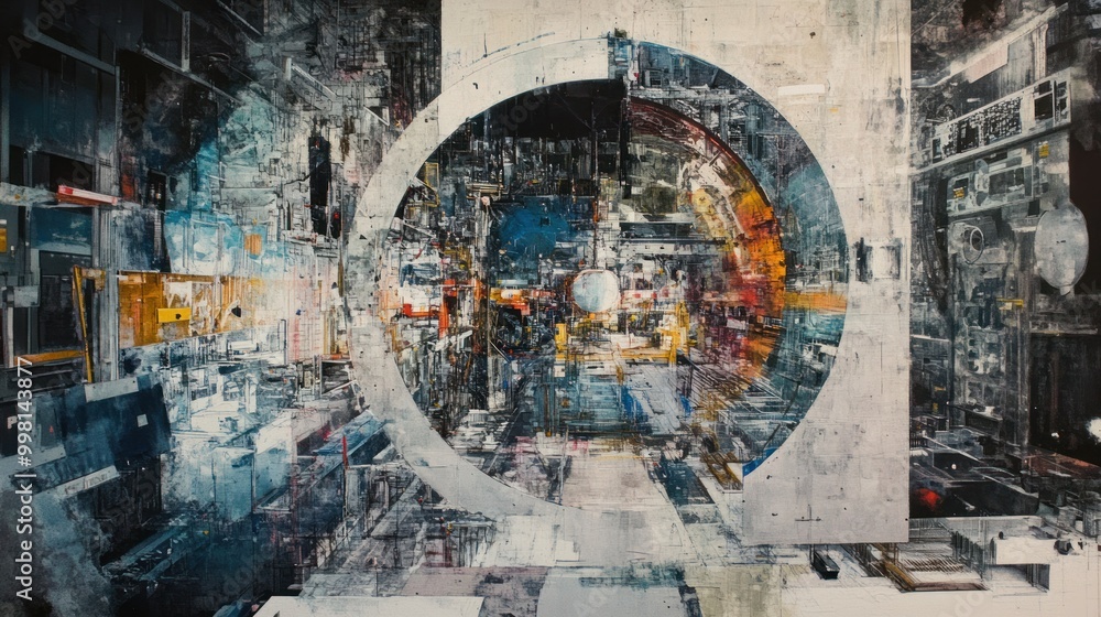 Poster abstract art with circular window and cityscape view