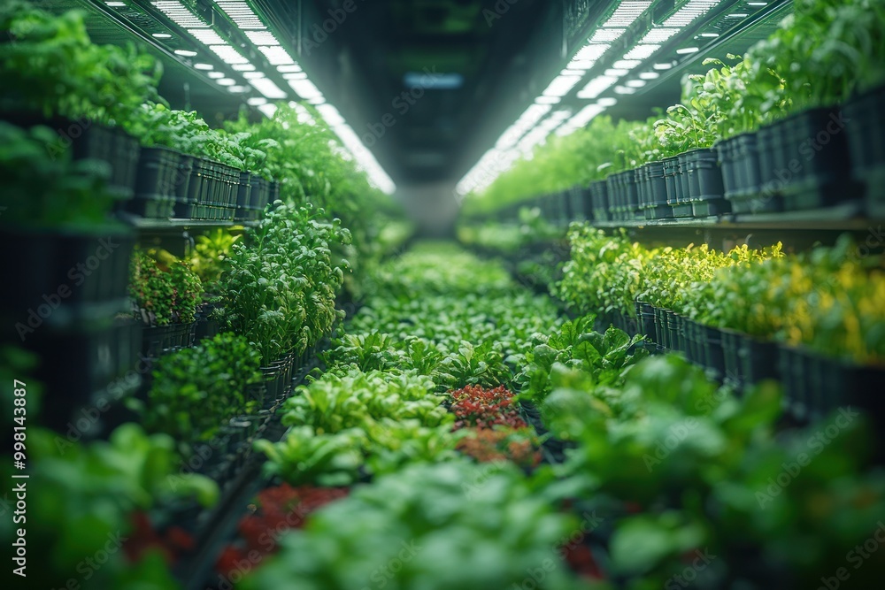 Wall mural A long, narrow, indoor space with rows of shelves filled with green plants under bright, white LED lights.