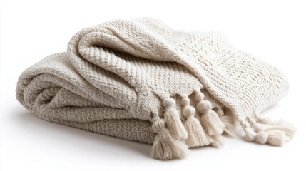 A decorative throw blanket with tassels, folded, isolated on a white background