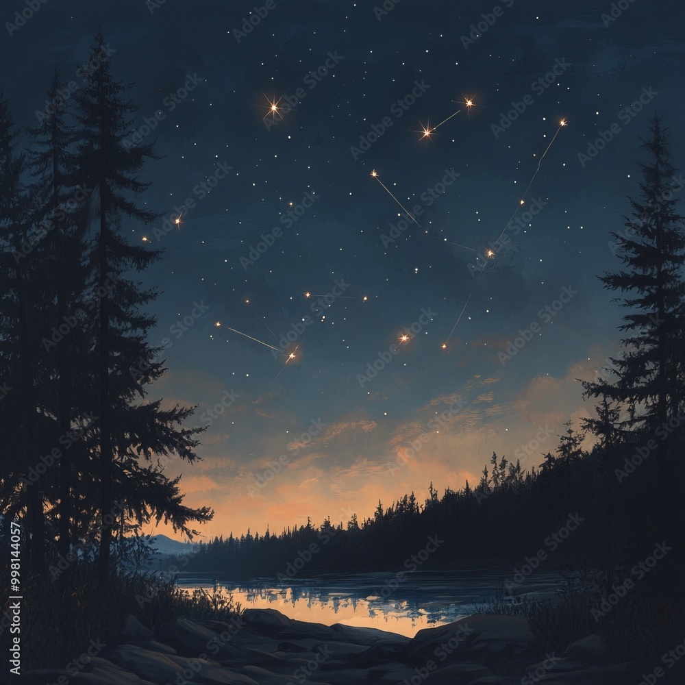 Poster Night sky with stars over a lake and forest.