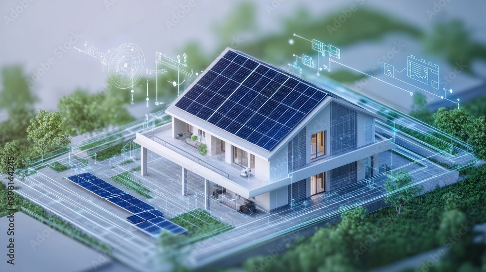 Poster blue print of smart home with solar panels rooftop system digital icons and graphs hover around it.