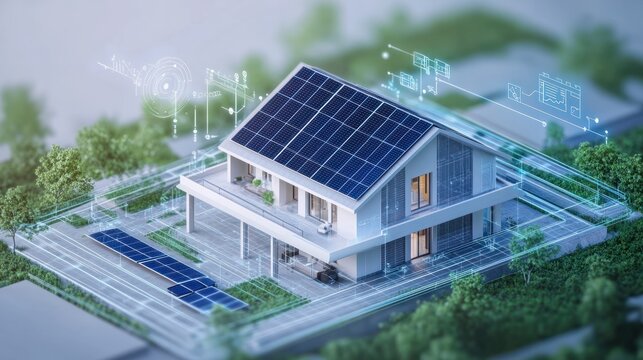 Blue print of smart home with solar panels rooftop system digital icons and graphs hover around it. - Powered by Adobe