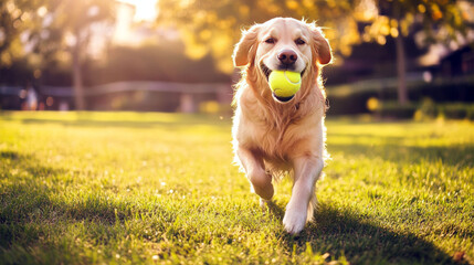 Golden Retriever Running with Tennis Ball in Sunlit Field