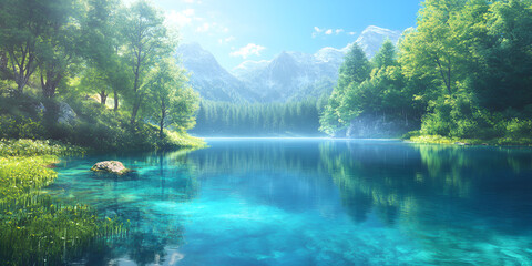 Obraz premium Misty Mountain Lake Landscapemisty, mountain, lake, landscape, nature, serene, tranquil, forest, water, reflection, trees, scenic, wilderness, natural, beauty, calm, peaceful, green, morning, fog, out