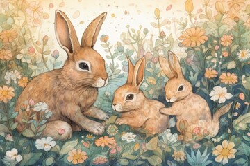 Obraz premium A serene illustration of rabbits among blooming flowers.