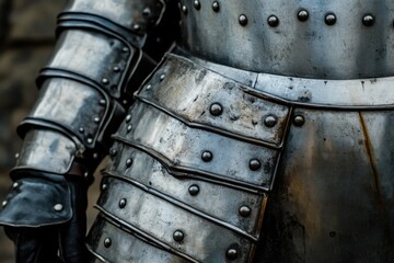 Detailed close up of a medieval knights armor highlighting craftsmanship and robust design during a reenactment at a historical site