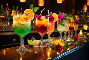 vibrant cocktail arrangement eye catching colors fresh garnishes festive elegant presentation, drink, beverage, glass, fruit, herb, lemon, orange, lime
