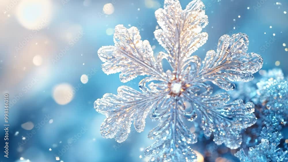 Poster a snowflake is captured in a blue and white background. the snowflake is the main focus of the image