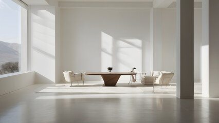 An empty white room with a window, showcasing minimalist design and open space	