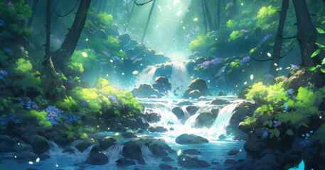 serene waterfall cascades through vibrant forest, creating magical atmosphere
