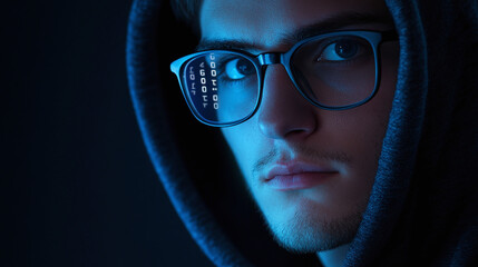 Male hacker wearing glasses that display digital data