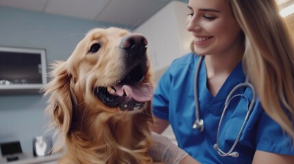 A woman in a blue scrubs is petting a dog