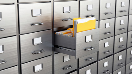 A drawer of a filing cabinet opens and a yellow folder is taken. 3D illustration