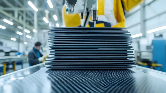 Close up detailed view of carbon fiber layers being stacked and laminated with epoxy resin in a modern industrial factory setting  The composite material manufacturing process is shown