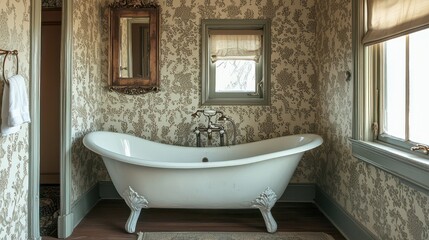 A vintage style bathroom with clawfoot tub, patterned wallpaper, and antique fixtures