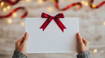 Gift certificate with red ribbon on cozy background with festive lights.