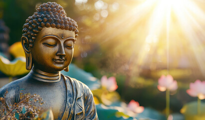 A golden Buddha statue with a blurred background of lotus flowers and leaves, a blurred nature background with sunlight rays and a bokeh effect.