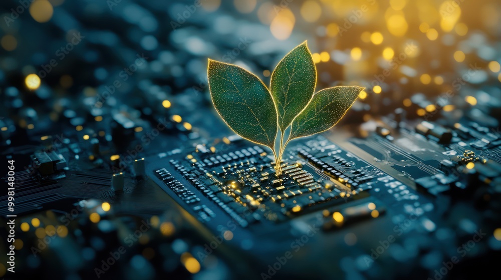 Fototapete Generative AI illustration of glowing plant growing on computer chip representing digital ecology business and blurred background