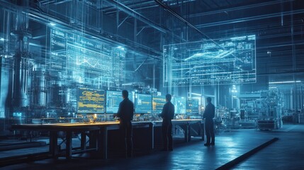 Fototapeta premium Futuristic technology concept: Team of engineers and professional Workers in heavy industry manufacturing factory that is digitalized with graphics into digital twin of industry