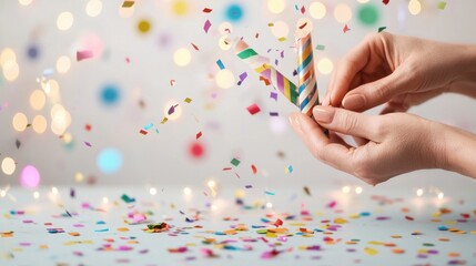 Hands holding a party horn with colorful confetti and lights, creating a festive atmosphere.