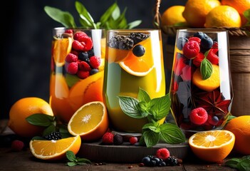 stylish glass display showcasing vibrant beverage ingredients including spices colorful arrangement, fruits, herbs, liquid, cocktail, garnishes, citrus, mint