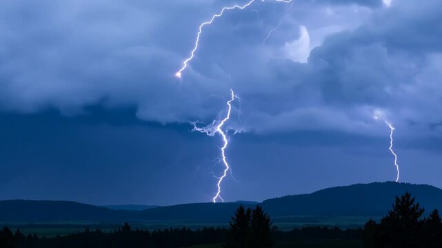 Dramatic Thunderstorm with Lightning Strikes Lighting up the Night Sky
