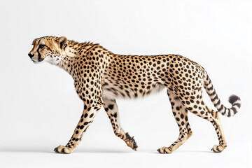 Fototapeta premium Cheetah Walking Gracefully in Full-Body Profile A cheetah captured mid-walk, showcasing its slender build and spotted fur