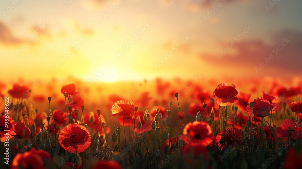 Poster a field of red poppies with the sun setting in the background