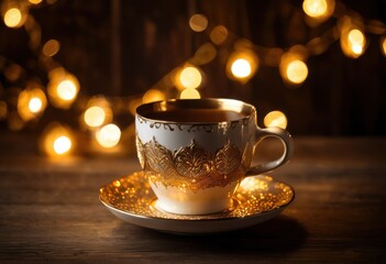 steam rising from vintage coffee cup rustic table surrounded warm lighting cozy atmosphere, espresso, mug, beverage, ceramic, hot, decor, collection