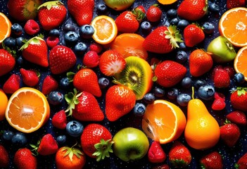 Obraz premium dynamic motion vibrant fruit explosions showcasing colorful splashes textures captivating display, apple, banana, berry, cherry, citrus, grape, kiwi, mango