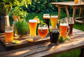 lively backyard scene featuring colorful craft beer selections inviting atmosphere outdoor gatherings, setup, vibrant, colors, garden, decor, furniture