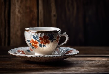 close empty coffee cup rustic wooden surface highlighting textures details, drinkware, beverage, porcelain, mug, furniture, home, dining, ceramic, shadow