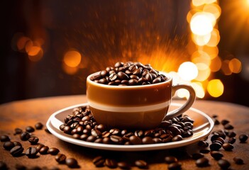 vibrant coffee cup surrounded energetic coffee beans creating lively inviting scene, barista, beverage, brew, coffeehouse, coffeeart, coffeeexperience