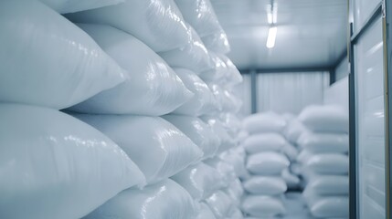Fototapeta premium Close up view of numerous bags of frozen ice stacked and stored in a refrigerated commercial facility awaiting distribution and delivery to various outlets and customers