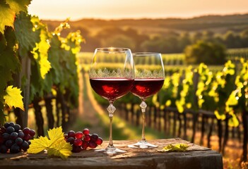 close elegant wine glasses highlighted softly blurred vineyard landscape foliage, alcohol, aroma, banquet, beverage, botanical, celebration, countryside