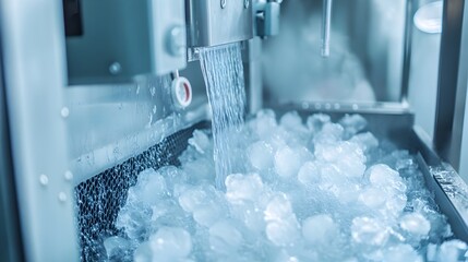 Close up view of the process of purified water being carefully filtered and funneled into specialized ice making machinery or equipment for industrial or commercial applications