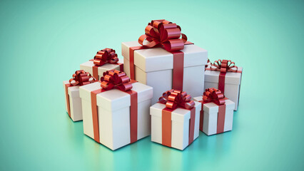 Giftboxes wrapped with red ribbons on green and blue background. 3D illustration