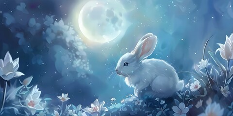White rabbit in full moon shape background with