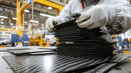 Closeup shot of carbon fiber layers being meticulously stacked and laminated with epoxy resin in an industrial factory environment