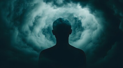 A shadowy figure stands silhouetted against swirling dark clouds, creating a mysterious and introspective atmosphere.