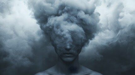 A surreal depiction of a figure enveloped in swirling dark clouds, symbolizing confusion and introspection.