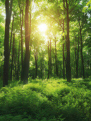 Obraz premium A lush green forest with sunlight filtering through the mature trees.