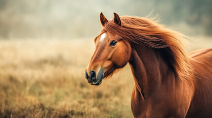 Obraz premium Chestnut horse running through meadow at sunset