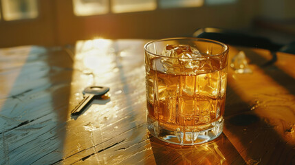 An evocative scene with whiskey, cash, and a brain model against a background of degradation, reflecting the fall of material and mental wealth.