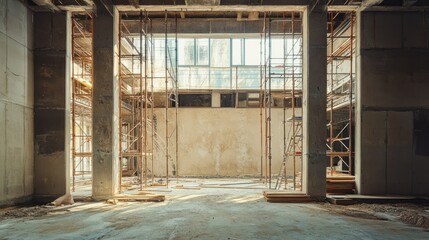 Fototapeta premium A Sunlit Interior View of an Under-Construction Building with Scaffolding